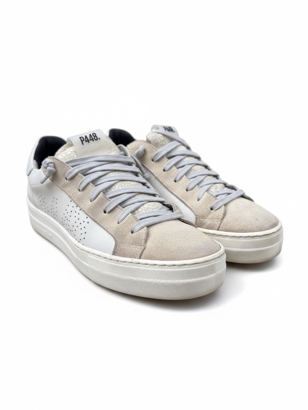 P448 John White Leather and Taupe Suede Toes Low-Top Sneakers size 39